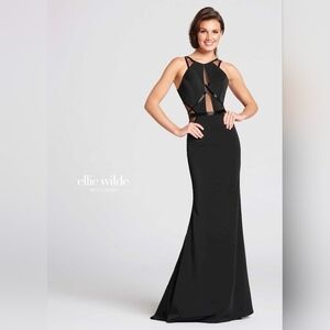 NWT Ellie Wilde- Mon Cheri, Black Gown w/Mesh and Beaded detail/Cutouts, Size 2